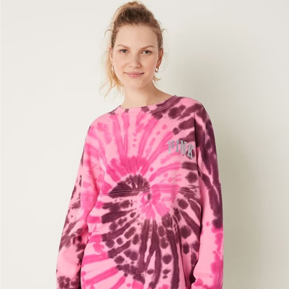 Pink Spiral Tie Dye Shine Fleece Long Sleeve Oversized Sweatshirt
